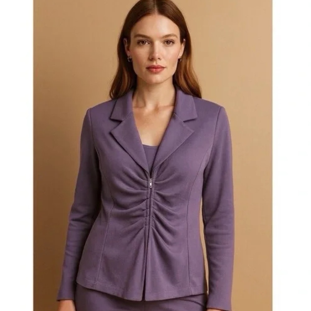 St. John plum purple zip rouched Milano knit wool blend designer blazer jacket